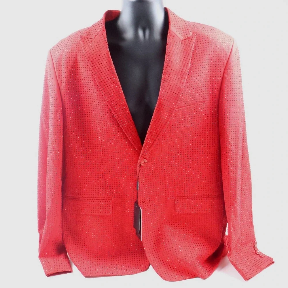 Red Rhinestone Embellished 2pc Suit Ferrucci USA ST-30  48R Jacket 42W Pants NWT